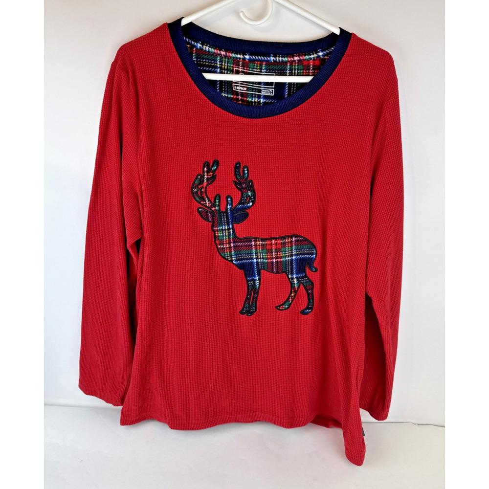 Eddie Bauer Sleepwear Waffle Top Women's X L Red Plaid Reindeer Christmas